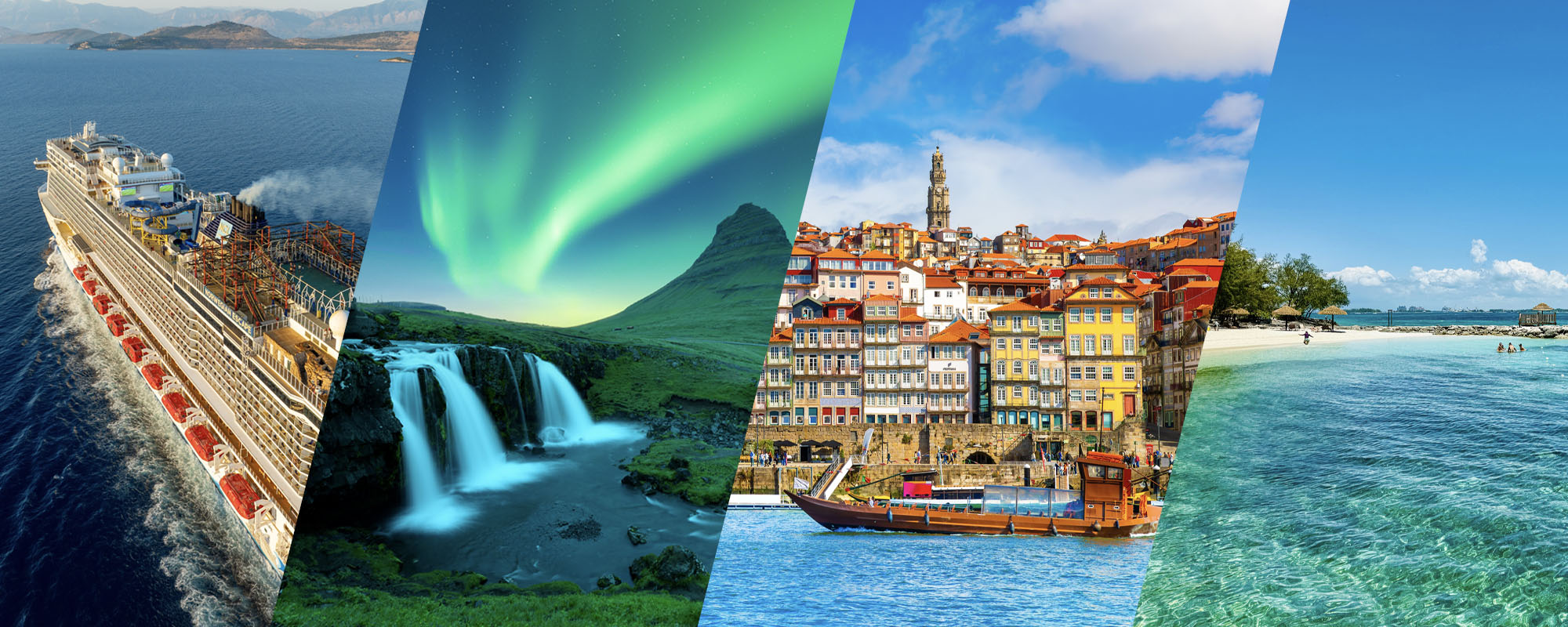 travel collage images of norwegian cruise line, iceland, portugal and carribbean